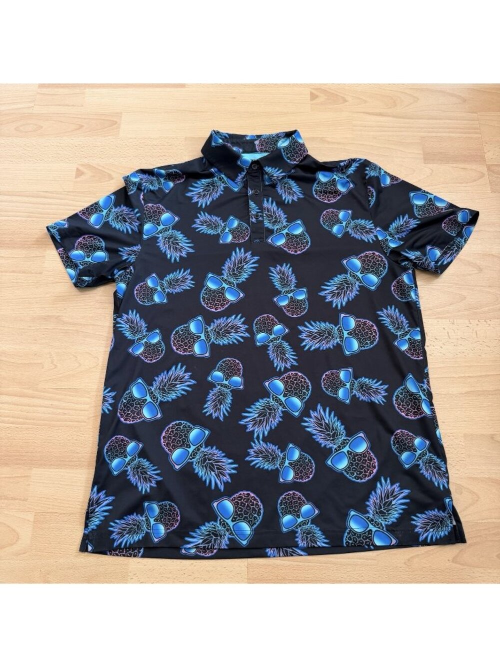 Birdie Bound Polo Shirt Mens Medium Black Pineapples Shades Print Golf Stretch
